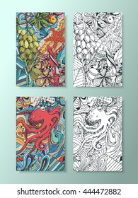 Coloring Books for adults with marine animals. Illustration zentangle style. Abstract doodle line on the marine theme. Bright greeting card with abstract patterns.