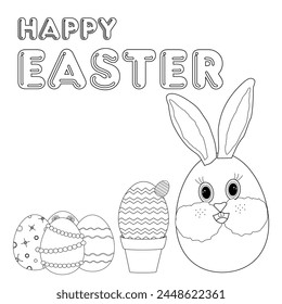 Coloring books. Anthropomorphic Easter bunny with a cactus standing in a flower pot and a set of decorated eggs. Happy Easter. Vector contour drawing