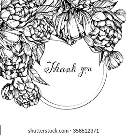 Coloring Books For Children And Adults, Black And White, Ink, Pen Capillary, Handmade, Peony, Leaves, Flowers, Buds, Card