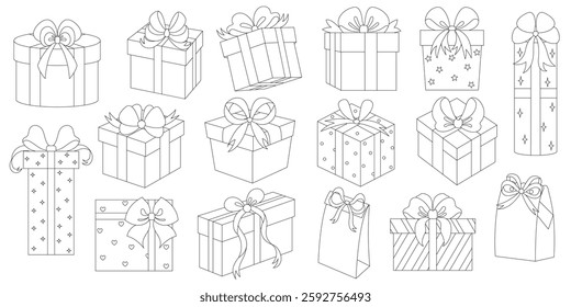Сollection coloring books of gift boxes with beautiful ribbon bows. Doodle illustration of cartoon flat cute presents isolated on white background for Christmas, birthday, anniversary, Valentine`s day