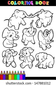 Coloring books or coloring page black and white comic illustrations of elephants.