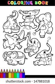 Coloring books or coloring page black and white comic illustrations of elephants.
