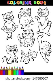 Coloring books or coloring pages black and white cartoon illustration of a cat in various positions