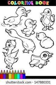 Coloring books or coloring pages black and white cartoon illustration of a little duck.