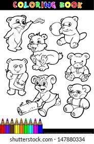 Coloring books or coloring pages black and white cartoon bear cubs.