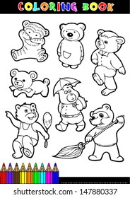 Coloring books or coloring pages black and white cartoon bear cubs.
