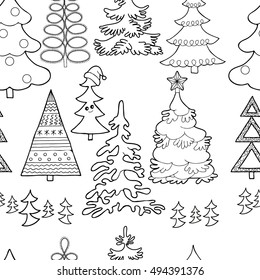  Coloring  book.Seamless pattern. Christmas trees. Hand drawn. Black and white. 