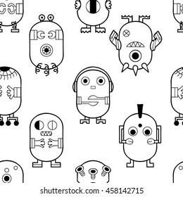  Coloring  book.Seamless pattern.  Hand drawn. Black and white. Toys. Robot.