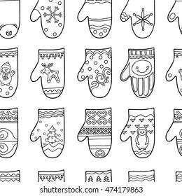  Coloring  book.Seamless pattern.  Hand drawn. Mitten, Christmas items, children, adults.