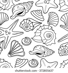  Coloring  book.Seamless pattern. . Sea animals. Hand drawn. Black and white. 