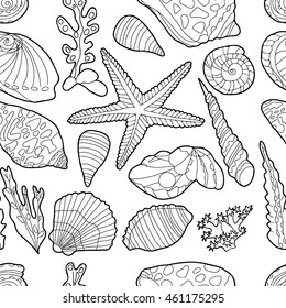  Coloring  book.Seamless pattern. . Sea animals. Hand drawn. Black and white. 