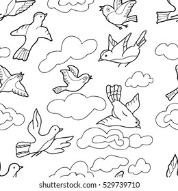  Coloring  book.Seamless pattern.  Set of  birds. Hand drawn. Black and white. 