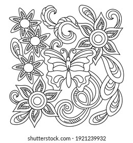 Coloring book.Spring or summer hand-drawn doodle background . Flowers and butterflies.