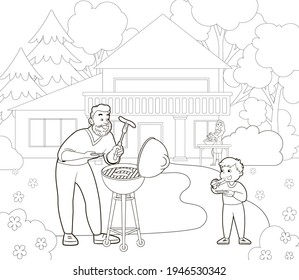 Libro de colorear: el padre se asoma en el césped cerca de la casa, el hijo pequeño come salchichas, a lo lejos, la madre está agitando la ensalada. Ilustración vectorial al estilo de las caricaturas, arte de línea blanca y negra