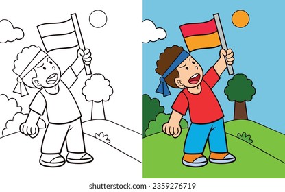 Coloring boy holding a flag