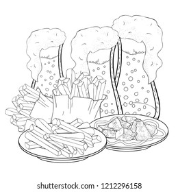 coloring bread croutons and bubbles in a glass of beer french fries  vector illustration