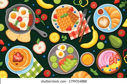 Coloring breakfast chalkboard composition with set of differently served dishes with eggs fruits and sweet pancakes vector illustration