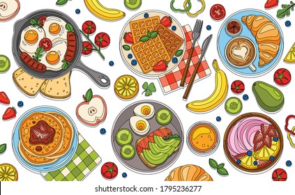 Coloring breakfast composition with set of isolated fruit slices waffles and scrambled eggs on blank background vector illustration