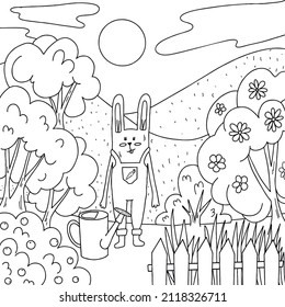 Coloring bunny works with the garden. Vector illustration