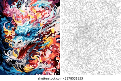 Coloring by numbers, Black and white dragon drawing, complex line art, intense line art vector, flat image