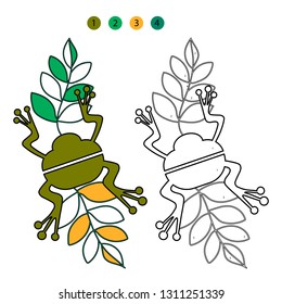 Coloring by numbers for children. Beautiful little frog with leaves on a white background isolated. Vector illustration.