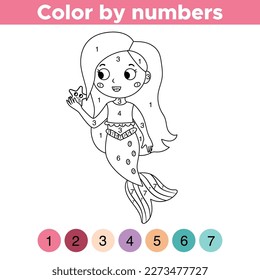 Coloring by numbers. Cute cartoon mermaid. Coloring book for preschool children. Fairy tale. Educational game. Vector illustration.