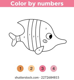 Coloring by numbers. Cute kawaii tropical fish. Sea animal. Coloring book for kids. Underwater theme. Educational game. Vector illustration.