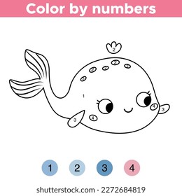 Coloring by numbers. Cute kawaii whale. Sea animal. Coloring book for preschool kids. Underwater theme. Educational game. Vector illustration.