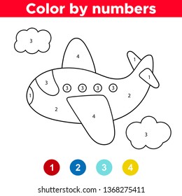 Coloring by numbers cute vector plane. Educational game for preschool children. Learning numbers.