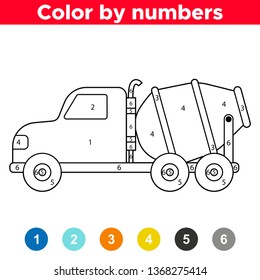 Coloring by numbers cute vector concrete mixer truck. Educational game for preschool kids.