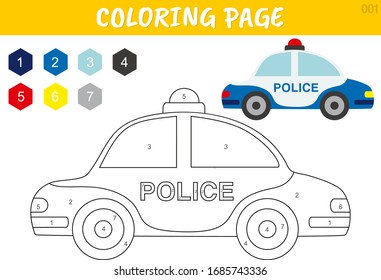 Coloring by numbers educational game for kids. Vector illustration for preschool.Vector cartoon police car