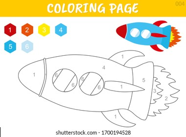 Coloring by numbers educational game for kids. Vector illustration for preschool.Vector cartoon Blue and red cartoon rocket in space among stars and planets 