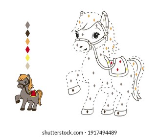 coloring by numbers for kids, little horse with orange mane.Vector illustration in cartoon style, dotted line