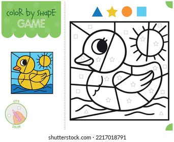 Coloring by shapes. educational game for children. A cartoon style duck swims down the river as a sunflower.
