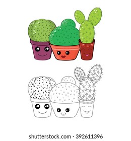 Coloring with cacti.Coloring page.Hilarious family of cacti on a white background.Cute kawaii smiling cactuses.Baby and kids style