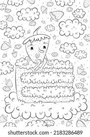 Colores con pasteles, fresas y nubes de crema en forma de doodle. Graciosa ilustración de caricatura para panadería, café, restaurante