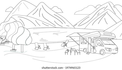 Coloring of camping in the mountains on the shore of a lake, river. Motorhome with awning, sun beds, badminton rackets, camping table and picnic chairs. For poster, web, illustration, page design.