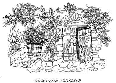 coloring, campsis plant, old door, black and white, vector