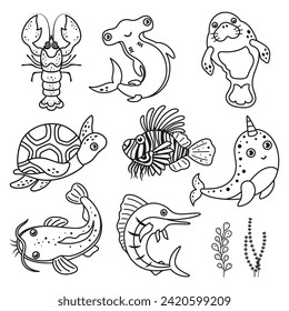 coloring card with sea animals, cute cartoon characters set, hammerhead fish, catfish, manatee, swordfish, lionfish, turtle and lobster, flat style, outline vector illustration