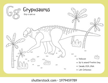 Coloring cards with dinosaurs and alphabet. Dinosaur Fact Cards. Dinosaur Names Corresponding to the English Alphabet. Cute colorful vector illustration. Herbivore set. Dinosaur vegan. Gryposaurus