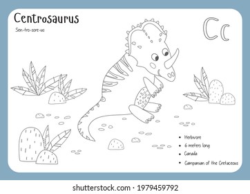 Coloring cards with dinosaurs and alphabet. Dinosaur Fact Cards. Dinosaur Names Corresponding to the English Alphabet. Cute colorful vector illustration. Herbivore set. Dinosaur vegan. Centrosaurus