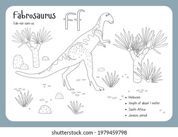 Coloring cards with dinosaurs and alphabet. Dinosaur Fact Cards. Dinosaur Names Corresponding to the English Alphabet. Cute colorful vector illustration. Herbivore set. Dinosaur vegan. Fabrosaurus