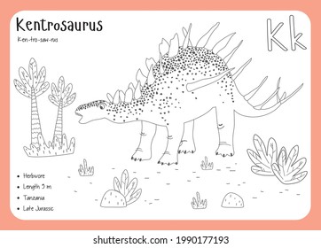 Coloring cards with dinosaurs and alphabet. Dinosaur Fact Cards. Dinosaur Names Corresponding to the English Alphabet. Cute colorful vector illustration. Herbivore set. Dinosaur vegan. Kentrosaurus