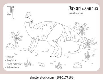 Coloring cards with dinosaurs and alphabet. Dinosaur Fact Cards. Dinosaur Names Corresponding to the English Alphabet. Cute colorful vector illustration. Herbivore set. Dinosaur vegan. Jaxartosaurus