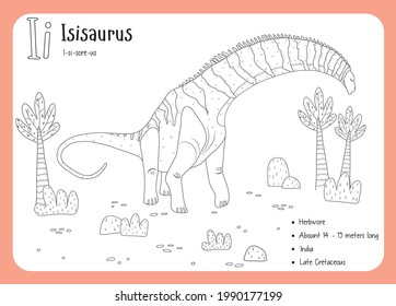 Coloring cards with dinosaurs and alphabet. Dinosaur Fact Cards. Dinosaur Names Corresponding to the English Alphabet. Cute colorful vector illustration. Herbivore set. Dinosaur vegan. Isisaurus