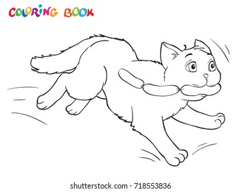 Coloring cartoon cat runs away with sausages. For adults vector illustration. Black and white lines