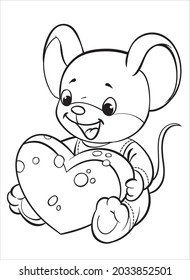 Coloring. Cartoon character mouse with cheese.