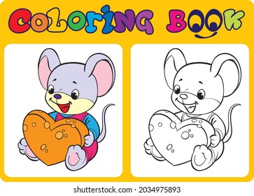 Coloring. Cartoon character mouse with cheese.