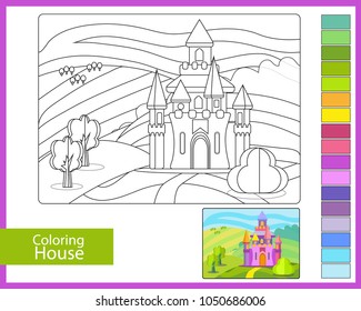 Coloring with cartoon landscape and castle. Children's arts game. Entertainment for children. Paint drawing contour for coloring. Linear image the tale. Vector illustration.