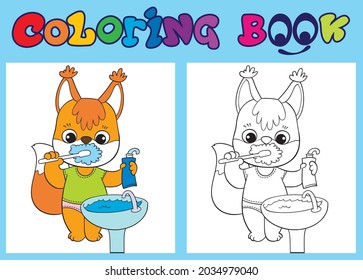 Coloring. The cartoon squirrel is brushing his teeth.